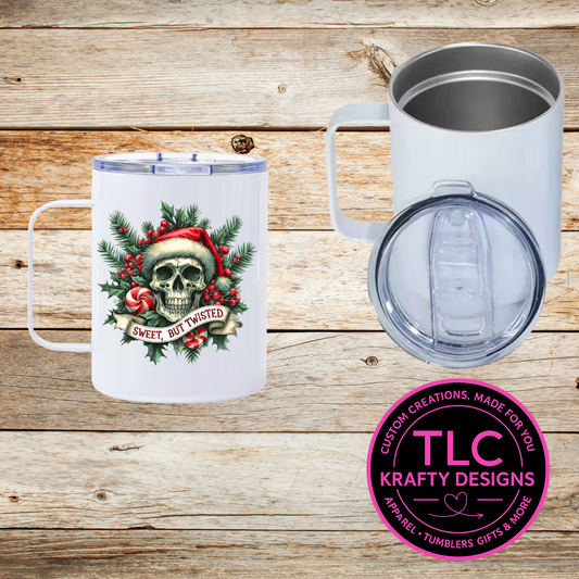 Sweet but Twisted Skull Christmas Mug – 12oz Travel Mug with Lid, Gothic Holiday Coffee Cup with Santa Hat