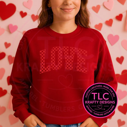 LOVE Valentine Sweatshirt or T-Shirt – Checkerboard Heart Design | Cute Valentine’s Day Apparel