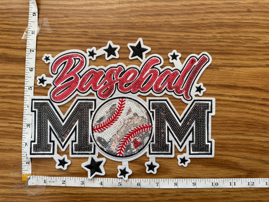 XL Baseball Mom Chenille Patch – Oversized Iron On Sports Patch | Sequin Baseball Appliqué | Jacket Sweatshirt Patch