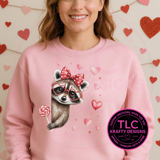 Cute Valentine Raccoon Sweatshirt or T-Shirt – Pink Heart Raccoon Valentine Apparel