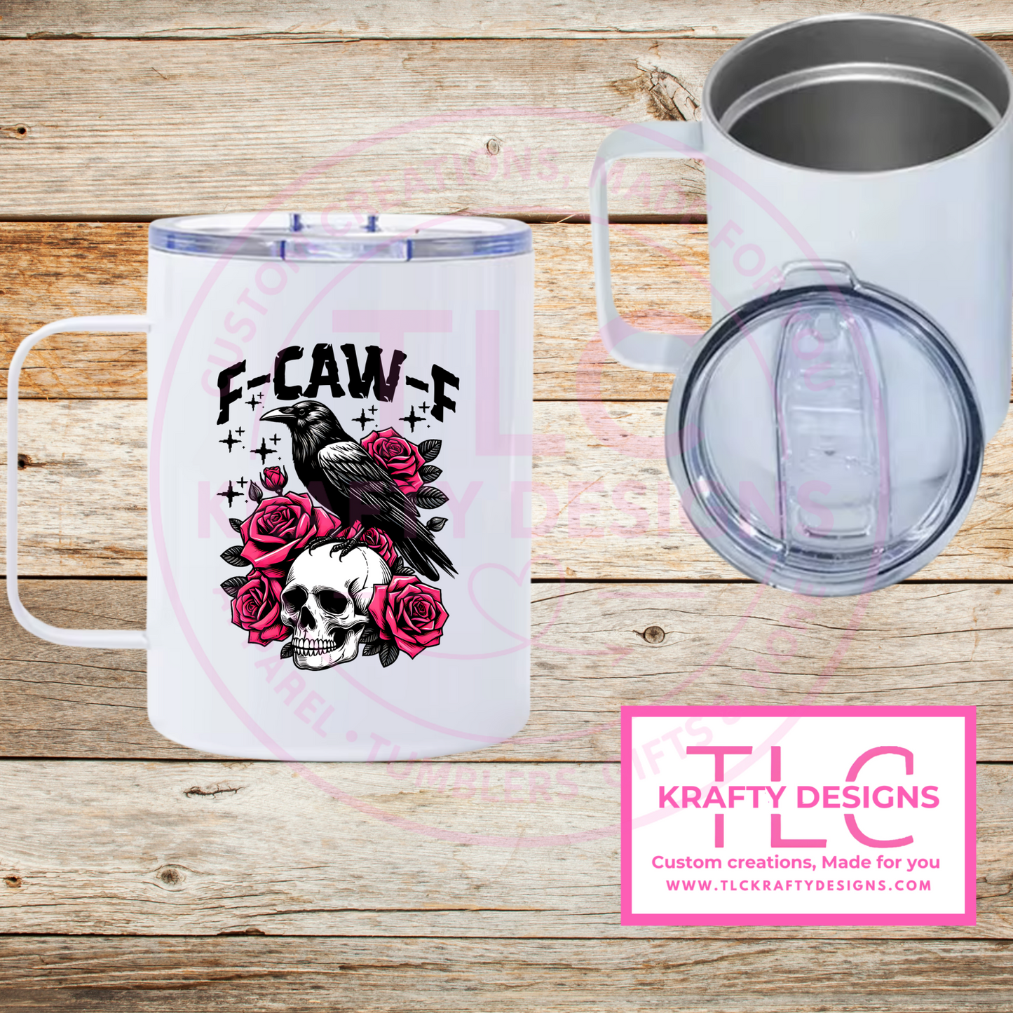 F-CAW-F Skull Crow Mug – 12oz Travel Coffee Cup with Lid