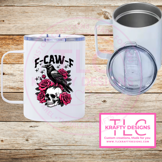 F-CAW-F Skull Crow Mug – 12oz Travel Coffee Cup with Lid