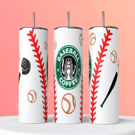 Baseball Spirited 20oz sublimation tumbler, a must-have for any baseball enthusiast, adorned with the words "Baseball Coffee"