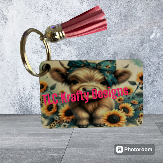 Baby Highland Cow surrounded by Sunflowers Keychain with Tassel