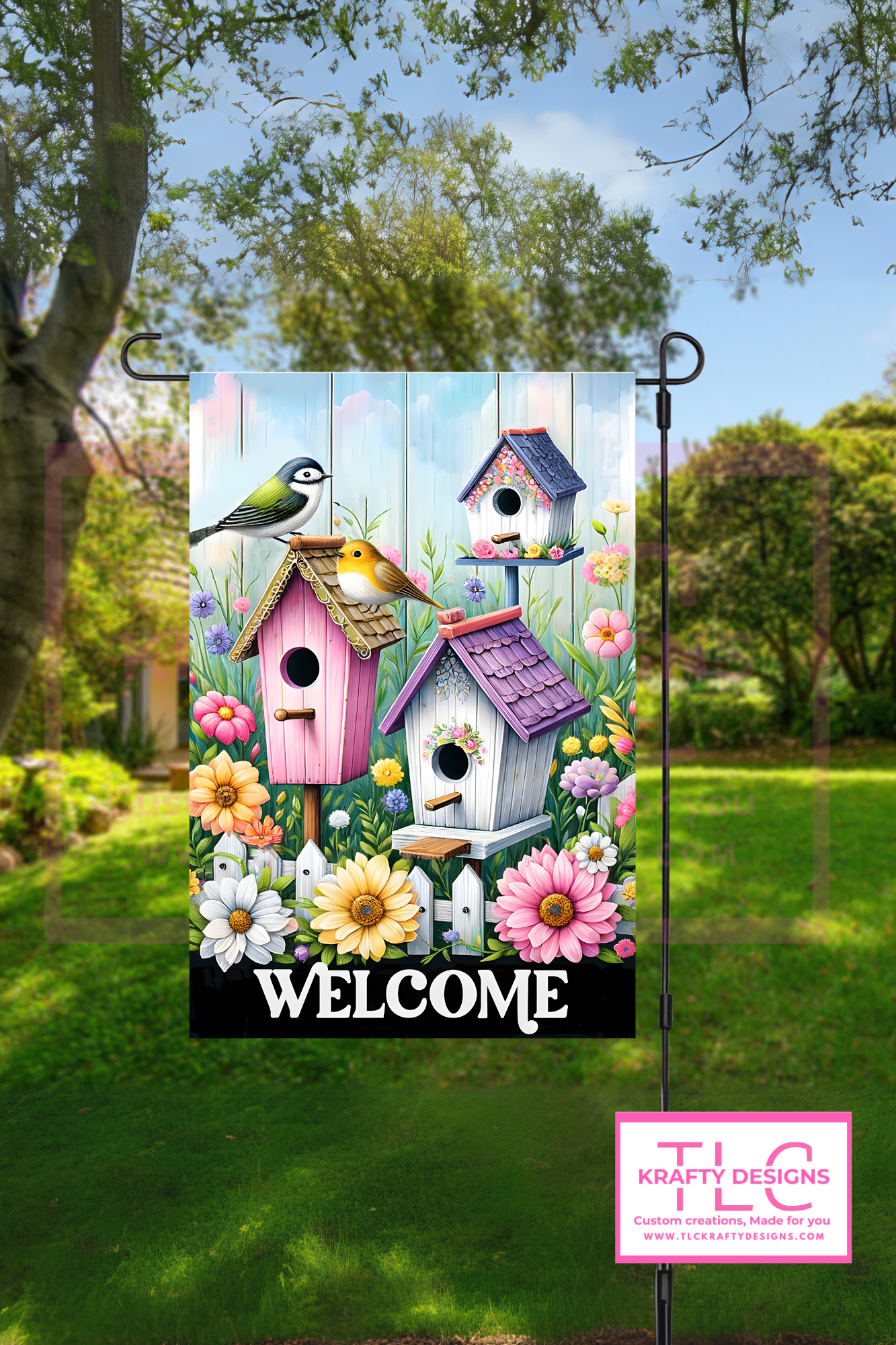 Welcome Garden Flag – Colorful Birdhouses with Flowers and Birds Outdoor Banner