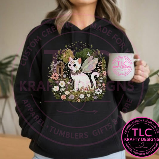 Fairy Cat Sweatshirt – Cottagecore Fantasy Pullover, Whimsical Cat Lover Gift, Cozy Unisex Sweater with Wings & Flowers