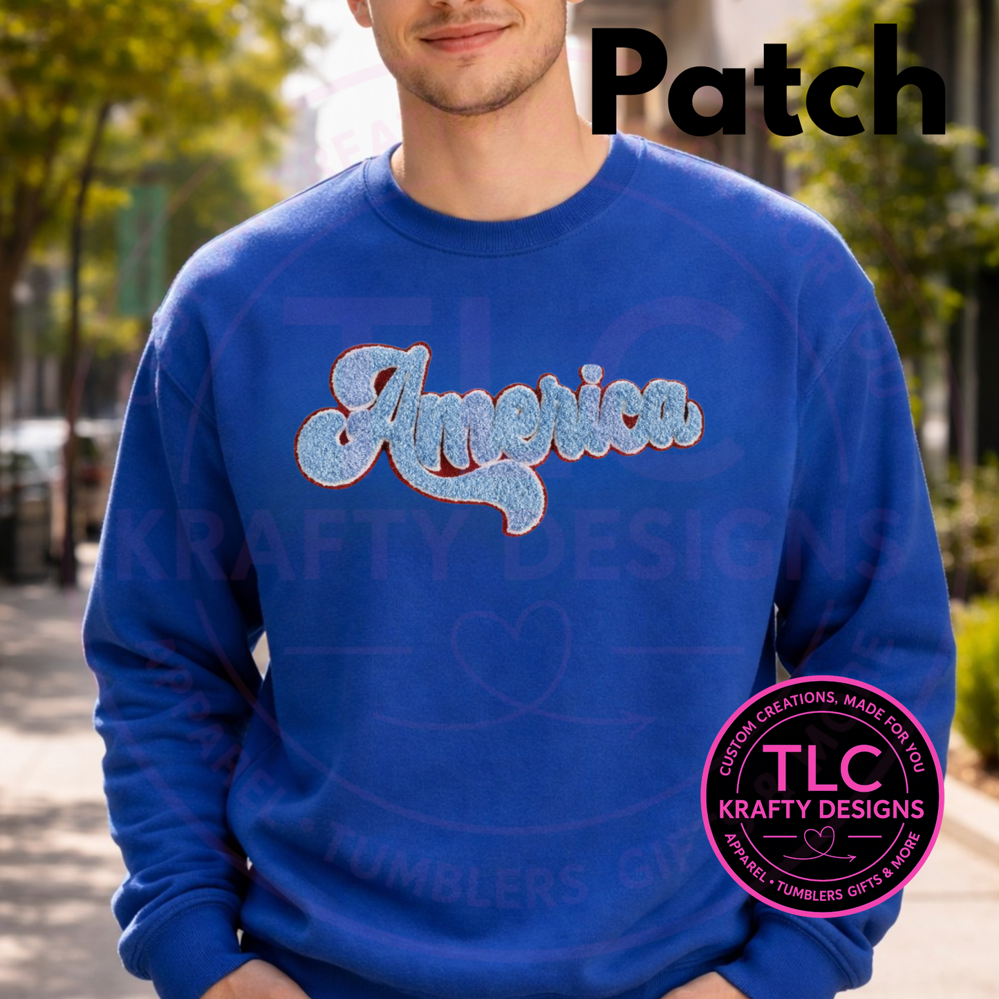 America Chenille Patch Crewneck or Hoodie – Patriotic Script Sweatshirt