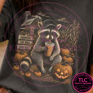Pumpkin Patch Raccoon T-Shirt or Sweatshirt – Cute Fall Halloween Graphic Tee