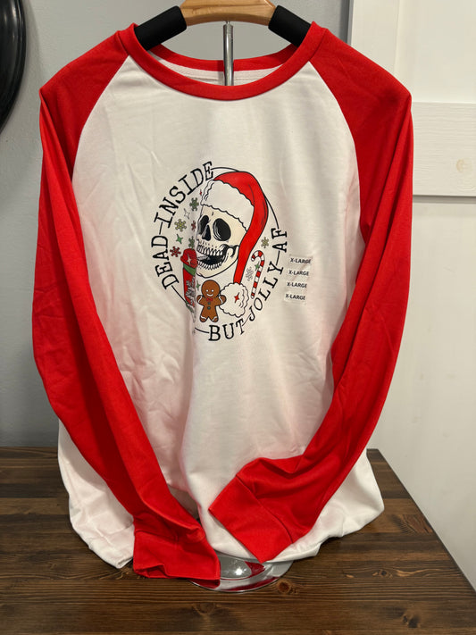 Dead Inside But Jolly AF Raglan Top – Red Sleeve Funny Christmas Top