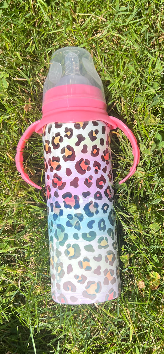 Colorful Leopard Print Baby Bottle with Blue or Pink Lid