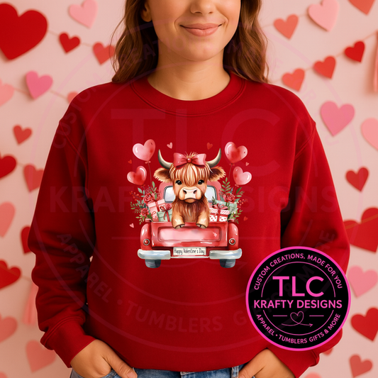 Valentine Highland Cow Shirt or Sweatshirt – Pink Truck Cow Valentine Gift Design