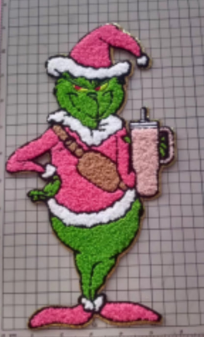 Funny Christmas Chenille Patch – Green Santa Holding Tumbler, Holiday Grinchmas Applique, Pink & Green Iron On or Sew On Patch