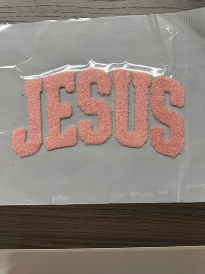JESUS pink Fuzzy Patch – Soft Chenille Heat Press or Iron-On Patch | Faith Patch | Christian Appliqué for Sweatshirts Jackets