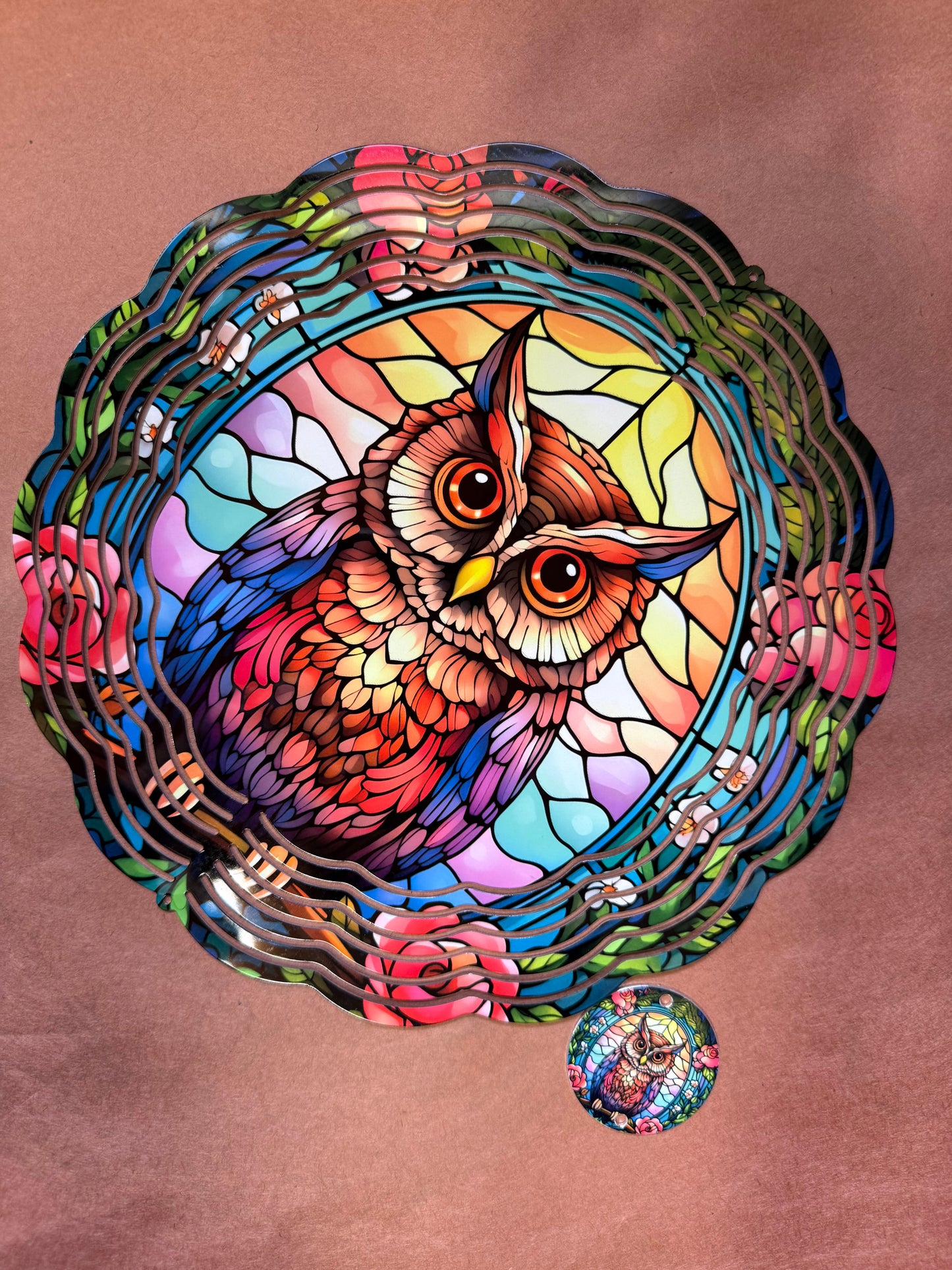 Owl Wind Spinner, Stained Glass Owl Garden Decor, Colorful Owl Wind Spinner, Owl Lover Gift, Woodland Garden Art, 10 Inch Double Wind Spinner