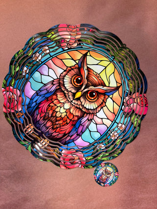Owl Wind Spinner, Stained Glass Owl Garden Decor, Colorful Owl Wind Spinner, Owl Lover Gift, Woodland Garden Art, 10 Inch Double Wind Spinner
