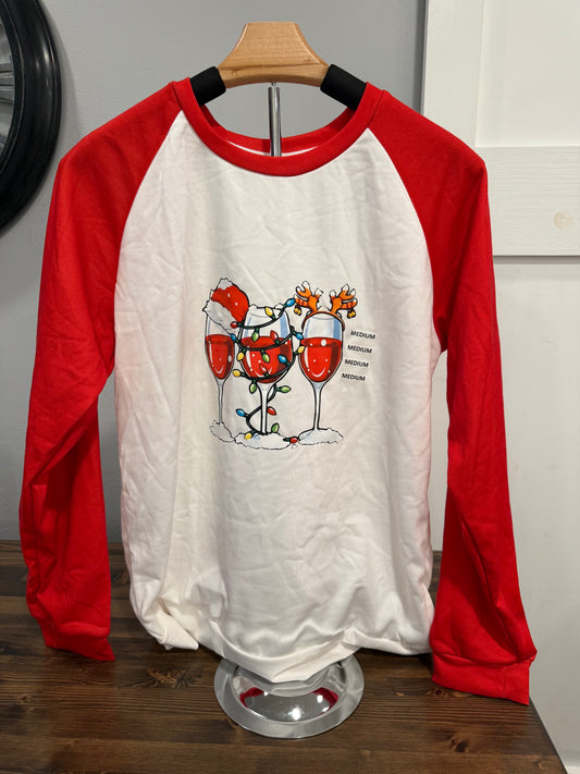 Christmas Wine Glasses Raglan Top – Red Sleeve Holiday Cheer Top