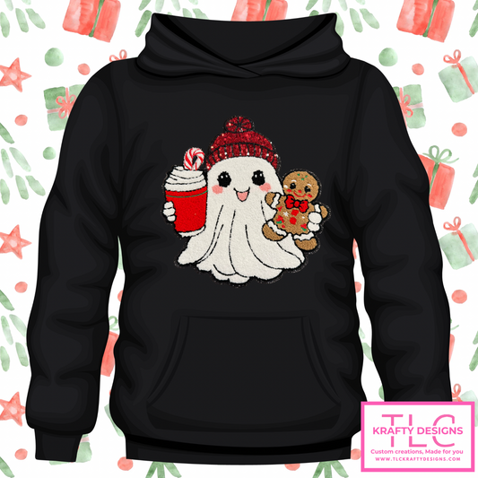 Holiday Ghost Sweatshirt – Ghost with Cocoa & Gingerbread Chenille Patch (Crewneck or Hoodie)
