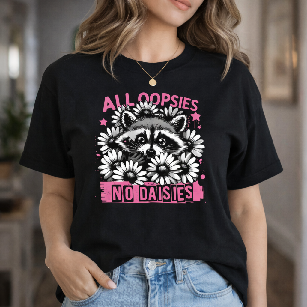 All Oopsies No Daisies Raccoon Graphic Shirt & Sweatshirt – Funny Floral Animal Apparel