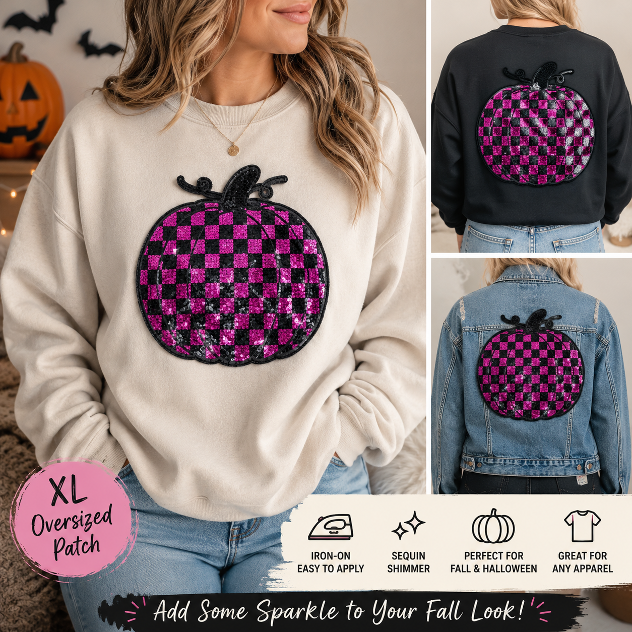 Pink & Black Sequin Pumpkin Patch XL Iron-On Patch, Halloween Sequin Patch, Pumpkin Jacket Patch, Fall Sweatshirt Patch