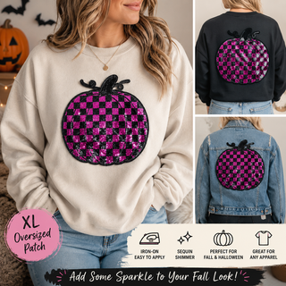 Pink & Black Sequin Pumpkin Patch XL Iron-On Patch, Halloween Sequin Patch, Pumpkin Jacket Patch, Fall Sweatshirt Patch