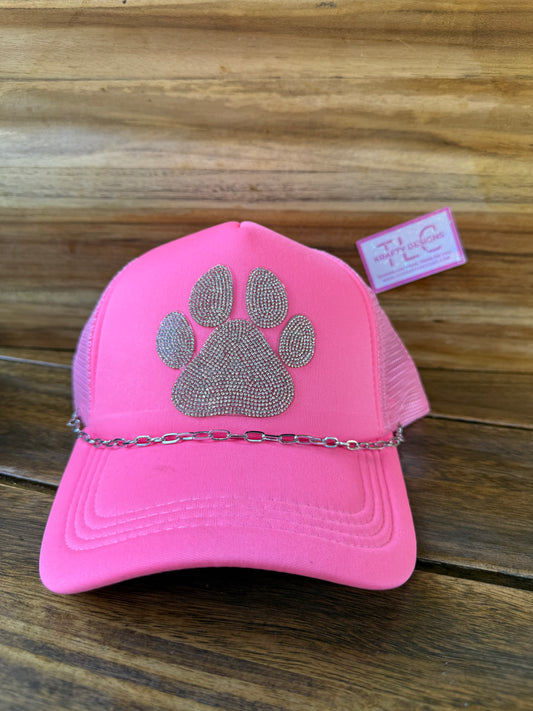 Hot Pink Trucker Hat – Rhinestone Paw Print with Silver Chain Accent