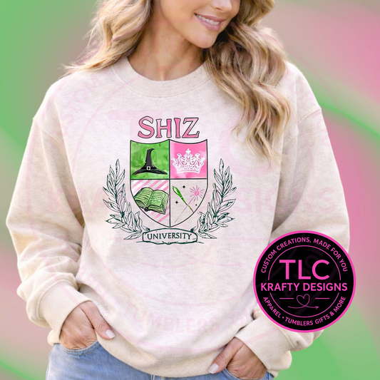 Shiz University Sweatshirt or Shirt – Magical School Crest Design | Pink & Green Fantasy Apparel