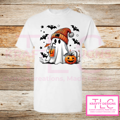 Cozy Ghost Halloween Tee – Fall Drink & Pumpkin Shirt in Fun Colors