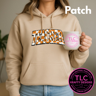 TEACHER Patch – Orange and White Chenille Extra Large Iron-On with Camo Print