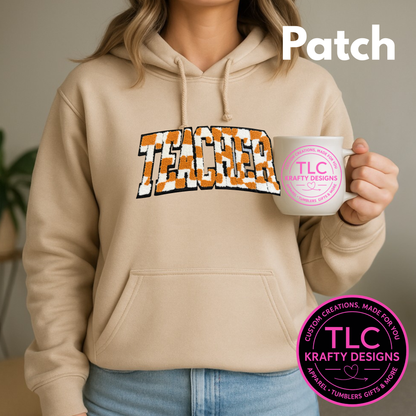 TEACHER Patch – Orange and White Chenille Extra Large Iron-On with Camo Print