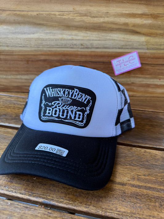 Whiskey Bent and River Bound Trucker Hat – Black & White Check Mesh with Western Label Patch