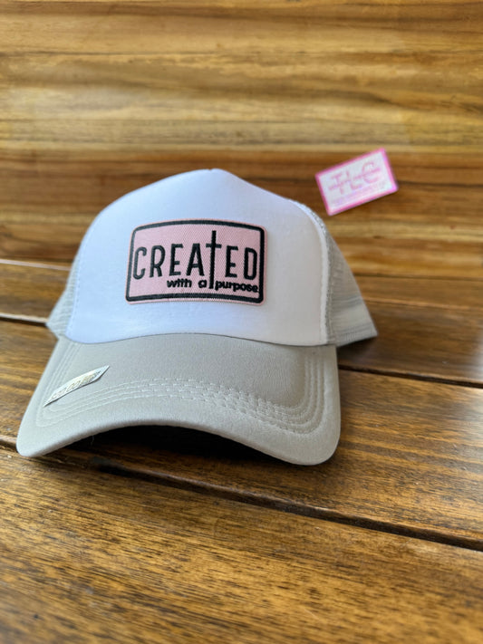 Tan & White Trucker Hat – “Created with a Purpose” Faith Patch Design