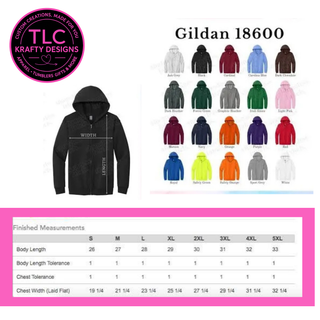 Gildan 18600 hoodie color chart with measurements and TLC Krafty Designs branding.