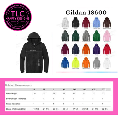 Gildan 18600 hoodie color chart with measurements and TLC Krafty Designs branding.