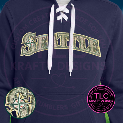 Seattle Baseball Sequin Patch Lace Sweatshirt – Lace Hoodie with 10.5” Sparkle Patch