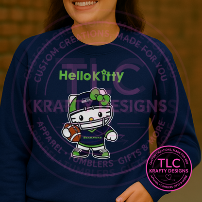 Kitty Seattle Football Green Accent Sweatshirt – Cute Crew Neck or Hoodie Meets Game Day Style!