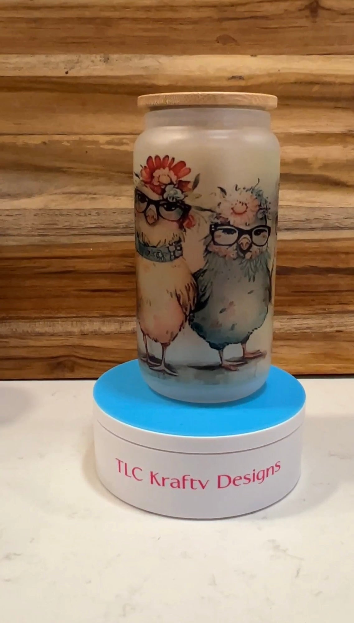 Collection of chickens, each standing proudly 16oz sublimation frosted cup with a bamboo lid