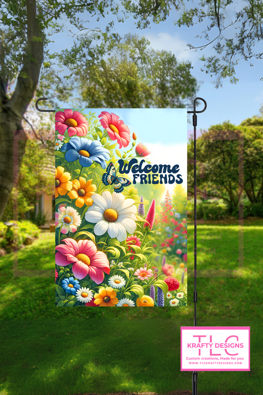 Welcome Friends Garden Flag – Colorful Wildflower Meadow with Butterfly Outdoor Banner
