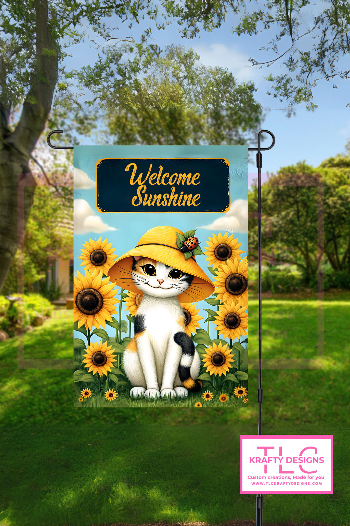 Welcome Sunshine Garden Flag – Cute Cat in Sun Hat with Sunflowers Outdoor Banner