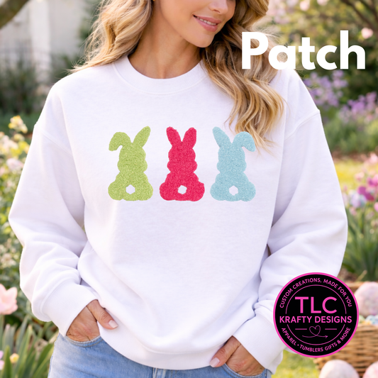Pastel Bunnies Fuzzy Chenille Patch Shirt or Sweatshirt – Floral Easter Bunny Apparel, Cozy Spring Statement Top
