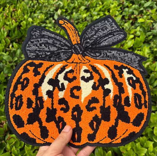 Leopard Print Pumpkin Patch – 10” Extra Large Iron-On with Sequin Bow Fall & Halloween Accent