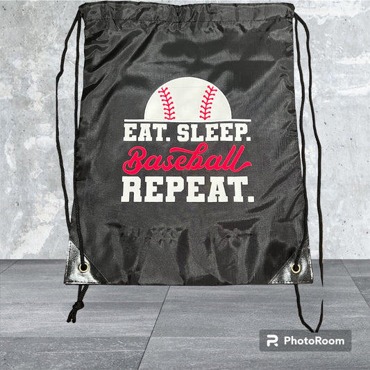 "Eat, Sleep, Baseball, Repeat," Spirited drawstring bag featuring the energizing mantra with a baseball graphic above it.