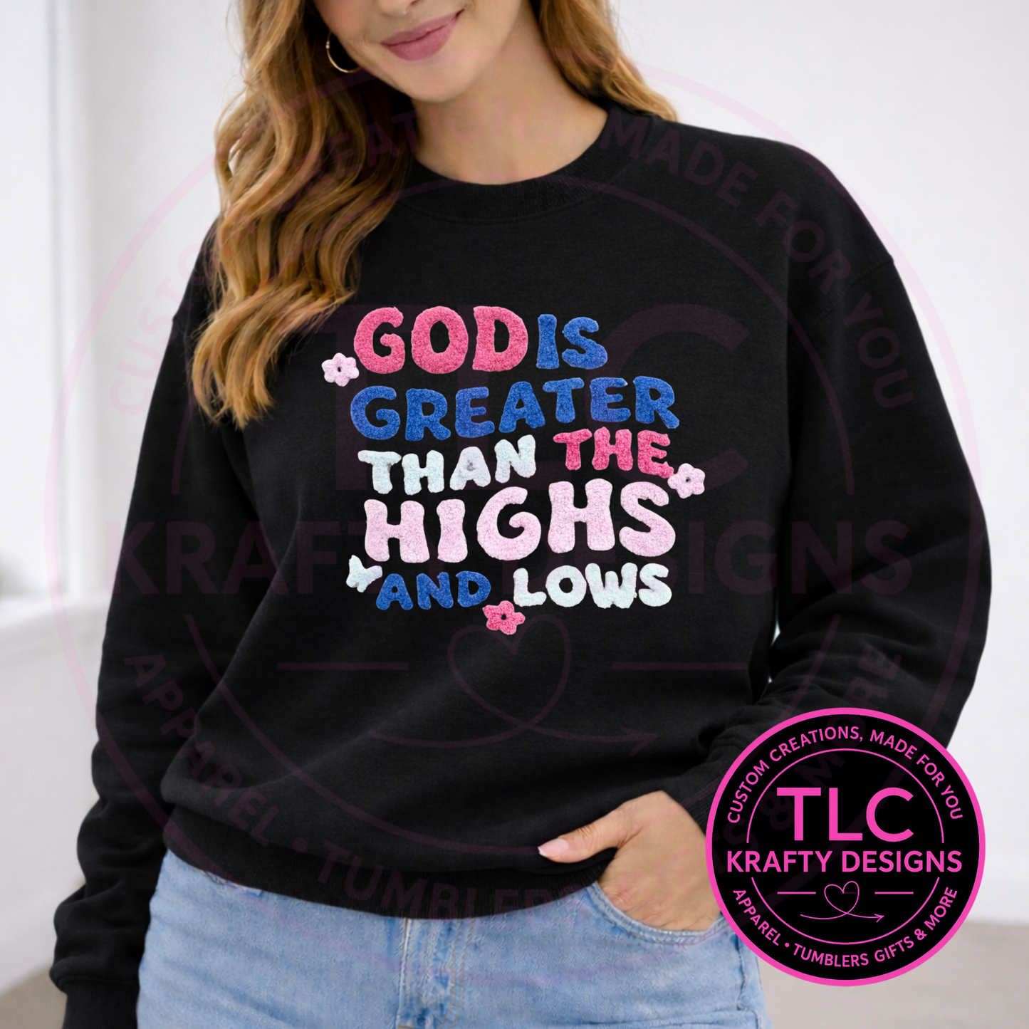 God Is Greater Than the Highs and Lows Chenille Patch, Christian Fuzzy Patch, Faith Heat Press/Iron-On Patch