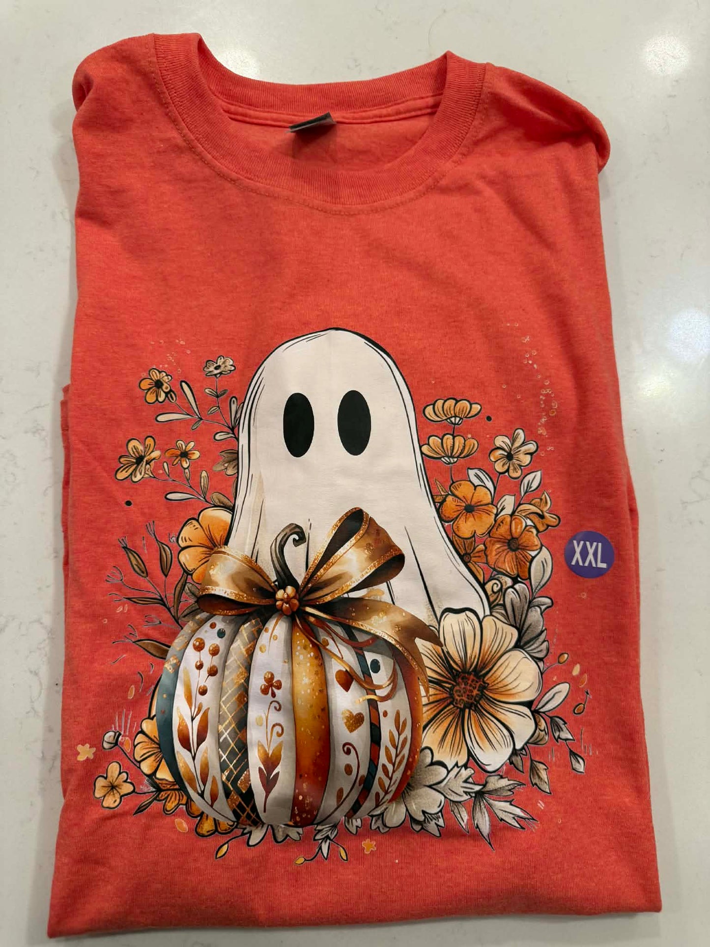 Ghost with Fall Pumpkin T-Shirt - Autumn Floral Tee LAST CHANCE CK