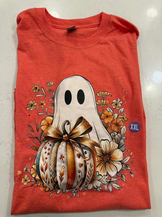 Ghost with Fall Pumpkin T-Shirt - Autumn Floral Tee LAST CHANCE CK