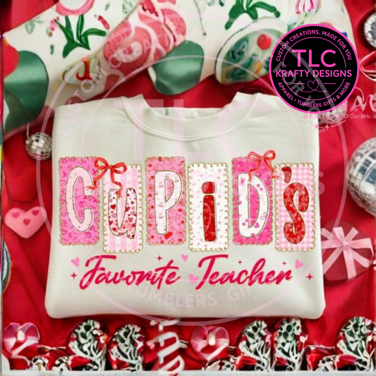 Cupid’s Favorite Teacher Valentine apparel – Pink Patchwork Love Design