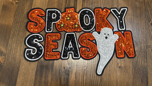 Spooky Season Patch – 10” Extra Large Halloween Sequin Iron-On Patch with Ghost, Pumpkin, and Stars