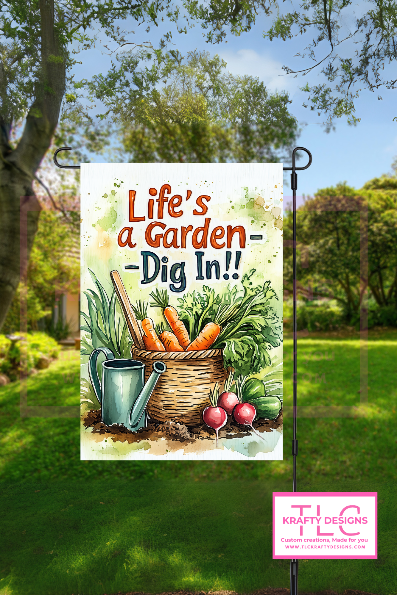 Life’s a Garden – Dig In!! Flag – Watercolor Vegetable Harvest Outdoor Banner