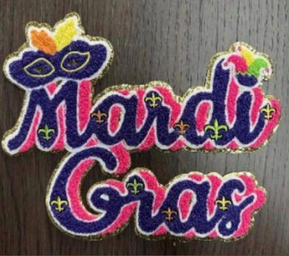 Mardi Gras Patch Sweatshirt – Festive Purple, Green & Gold Chenille Text Patch