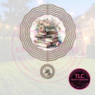 Book Lover Wind Spinner, Floral Book Stack Garden Decor, Reader Gift, Library Lover Wind Spinner, Literary Garden Art, 10 Inch Double Spinner