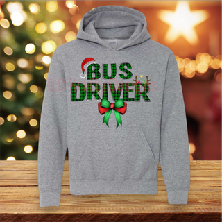 Bus Driver Christmas Sweatshirt — Green Buffalo Plaid with Bow & Santa Hat